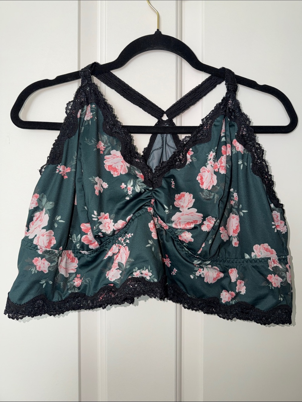 Floral Lace-Trim Satin Bralette Chemise Top - Dark Teal with Pink Floral